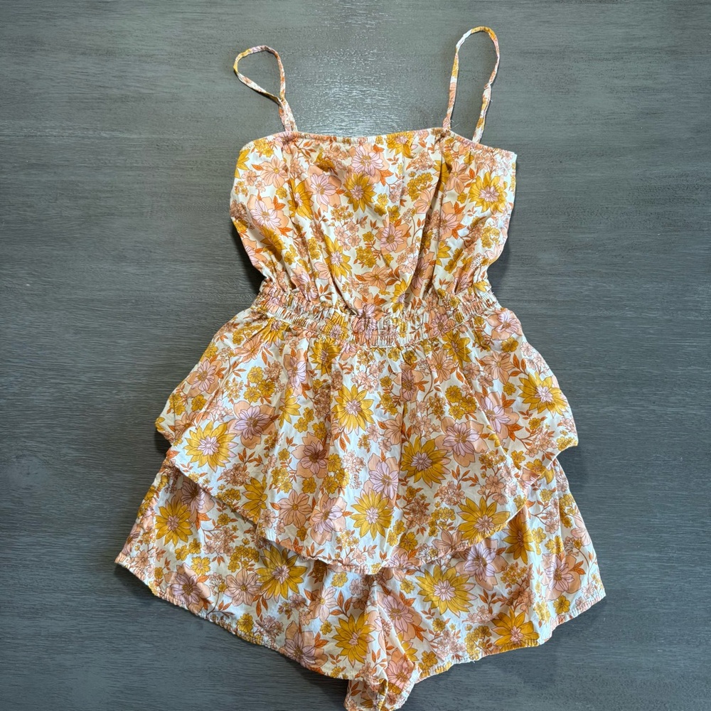 AEO Floral Orange Beige Romper Jumpsuit XS Tie Back - Picture 5 of 16